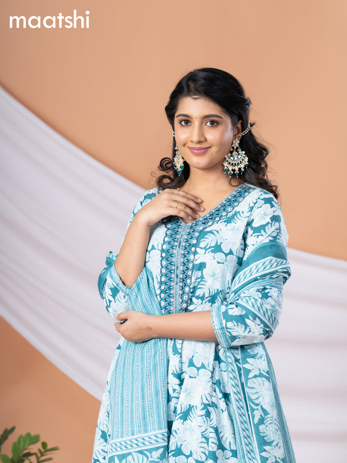 Cotton readymade anarkali salwar suit teal blue and off white with allover floral prints & embroidery work neck pattern and straight cut pant & dupatta