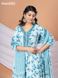 Cotton readymade anarkali salwar suit teal blue and off white with allover floral prints & embroidery work neck pattern and straight cut pant & dupatta