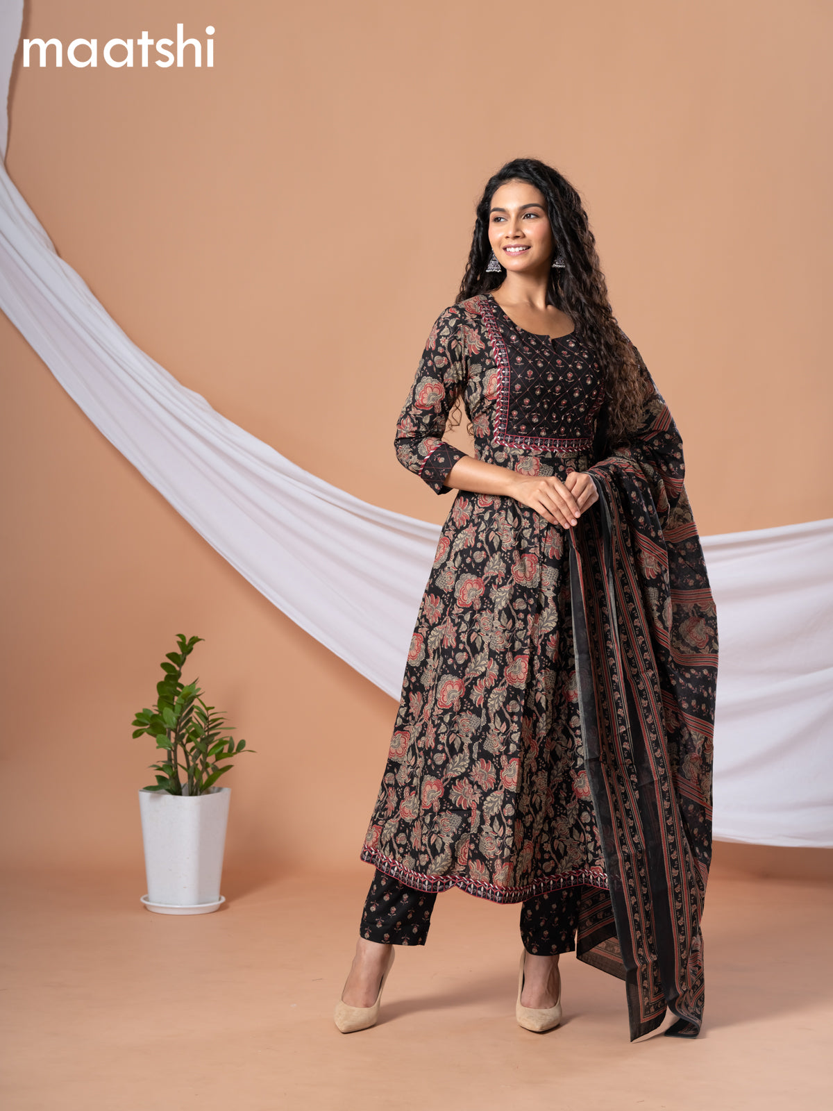 Cotton readymade anarkali salwar suit black and maroon with allover floral prints & embroidery mirror work neck pattern and straight cut pant & dupatta