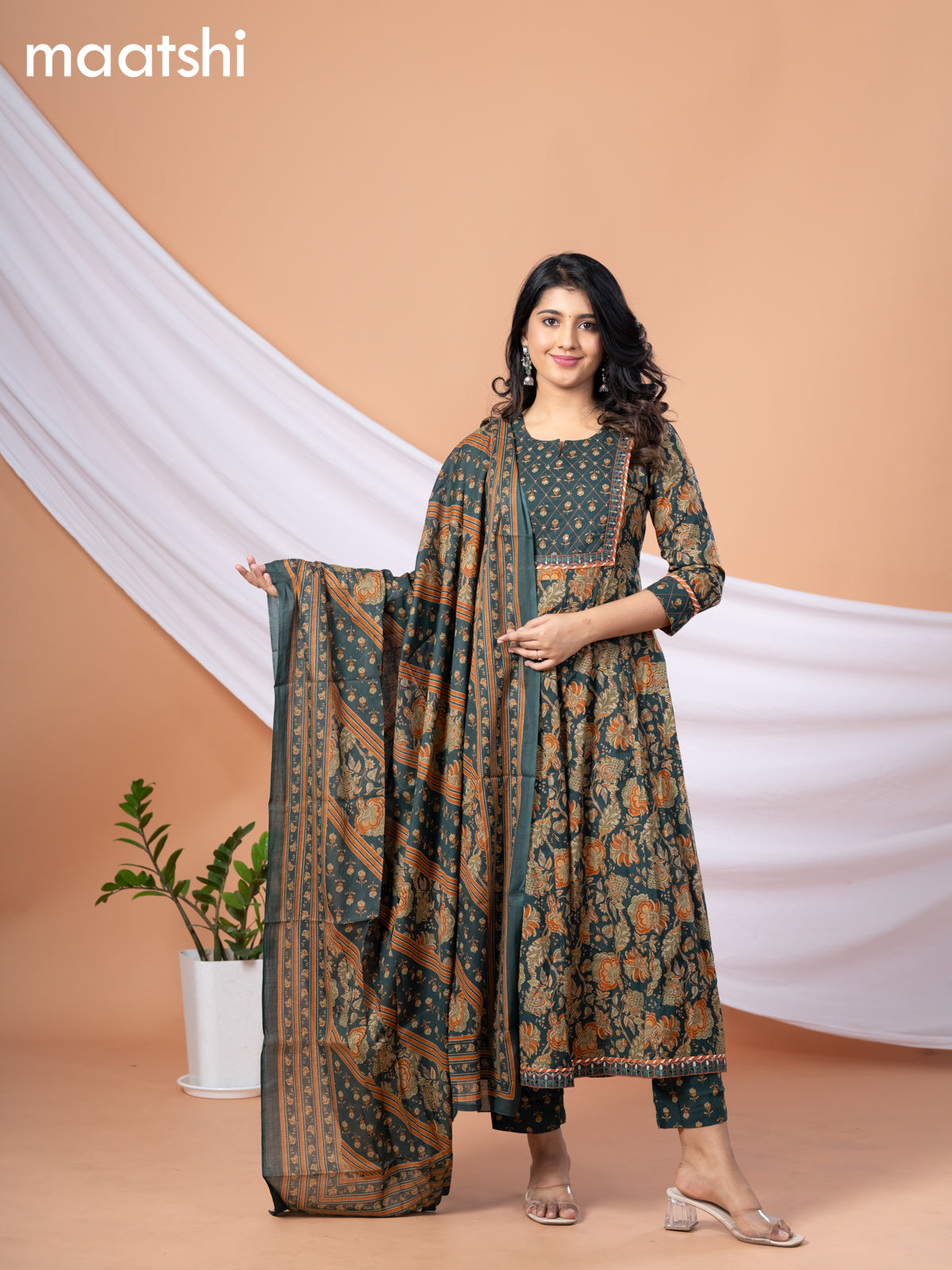 Cotton readymade anarkali salwar suit green and orange with allover floral prints & embroidery mirror work neck pattern and straight cut pant & dupatta