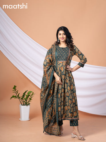 Cotton readymade anarkali salwar suit green and orange with allover floral prints & embroidery mirror work neck pattern and straight cut pant & dupatta