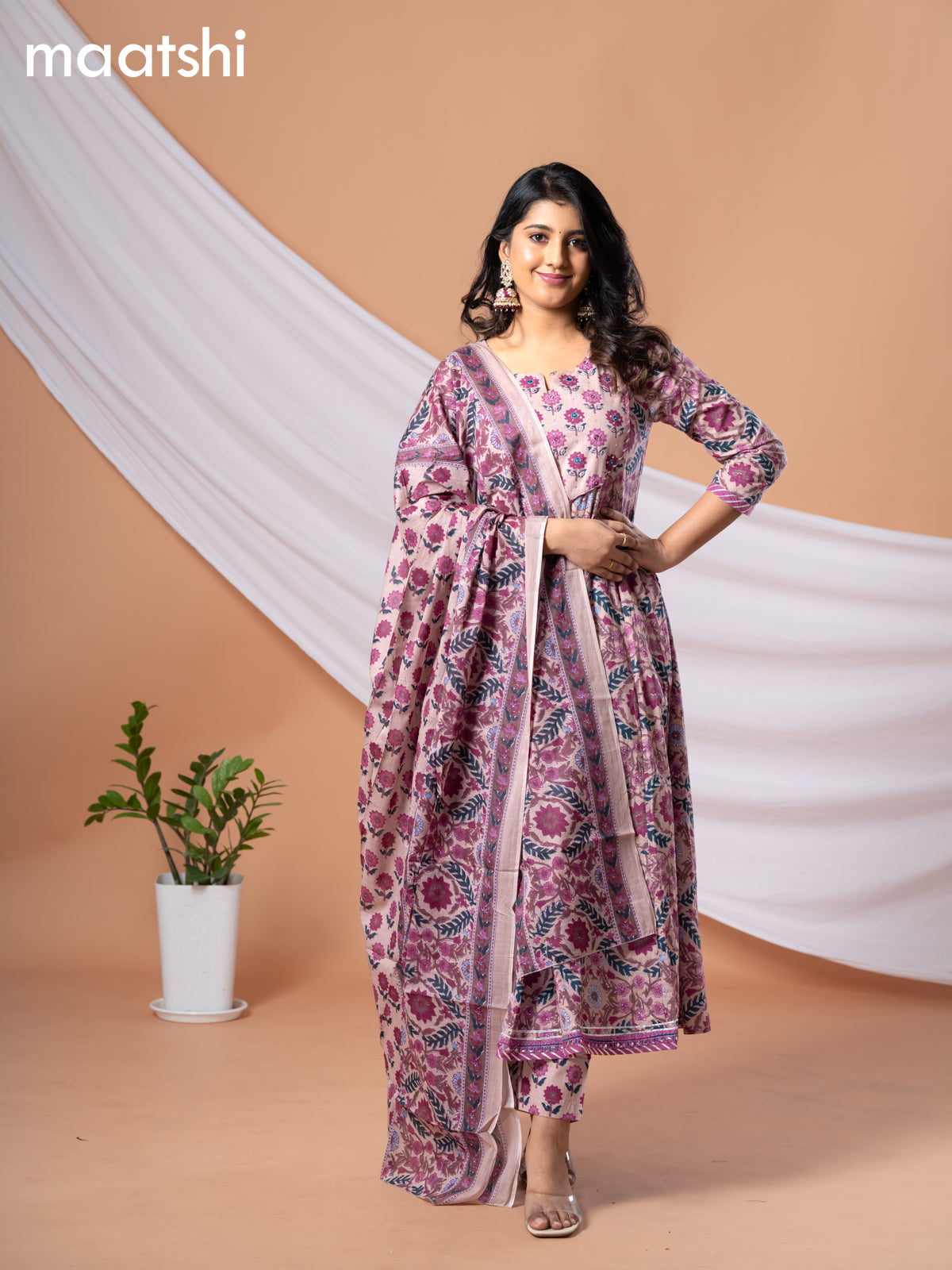 Cotton readymade anarkali salwar suit pastel peach shade and purple with allover floral prints & embroidery sequin work neck pattern and straight cut pant & dupatta