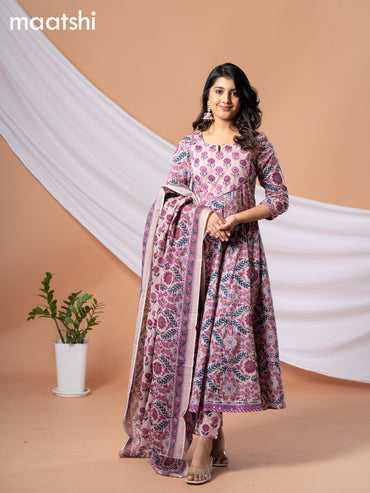 Cotton readymade anarkali salwar suit pastel peach shade and purple with allover floral prints & embroidery sequin work neck pattern and straight cut pant & dupatta