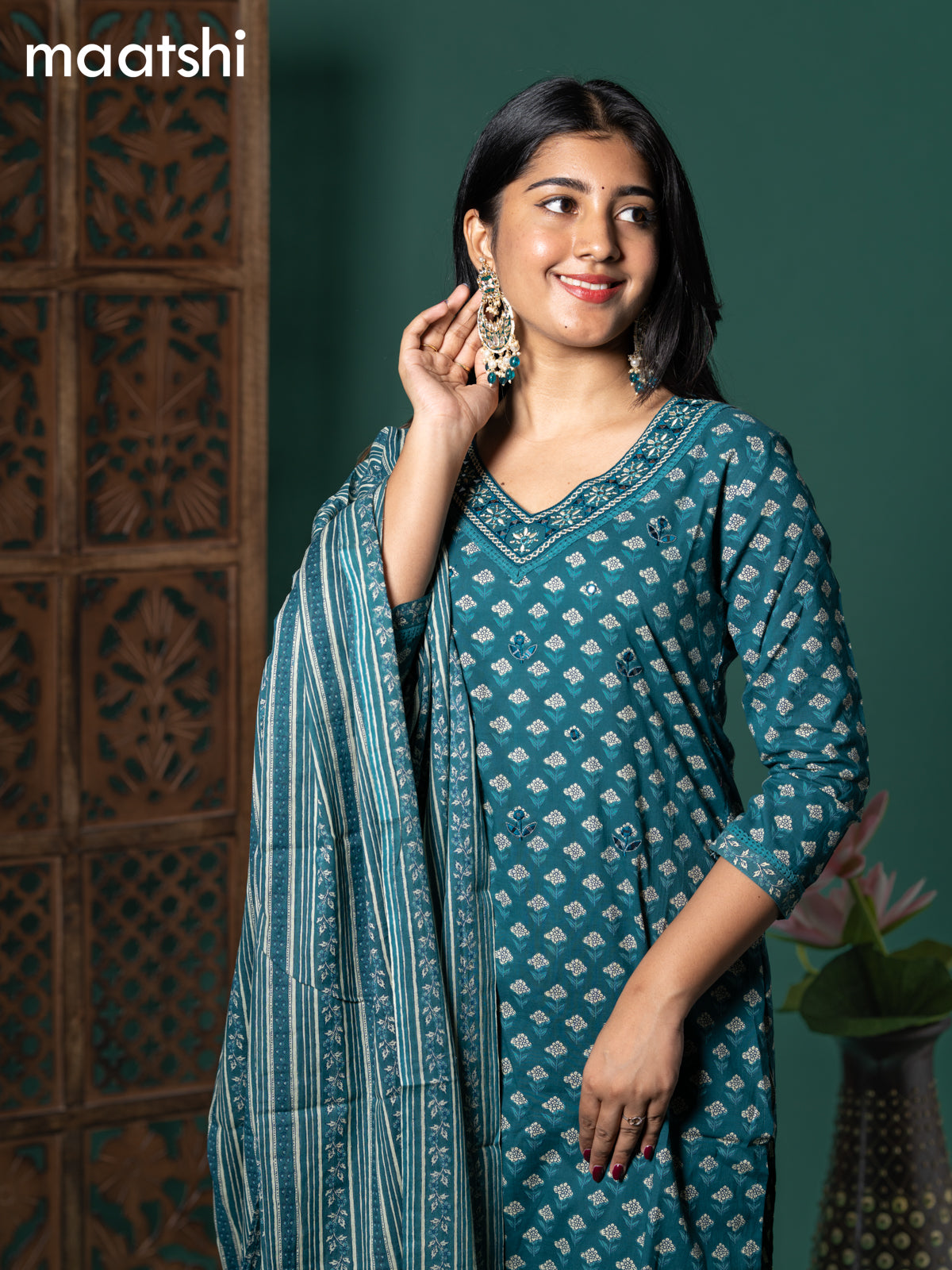 Cotton readymade salwar suit peacock green and beige with allover floral butta prints & embroidery mirror work v neck pattern and straight cut pant & dupatta