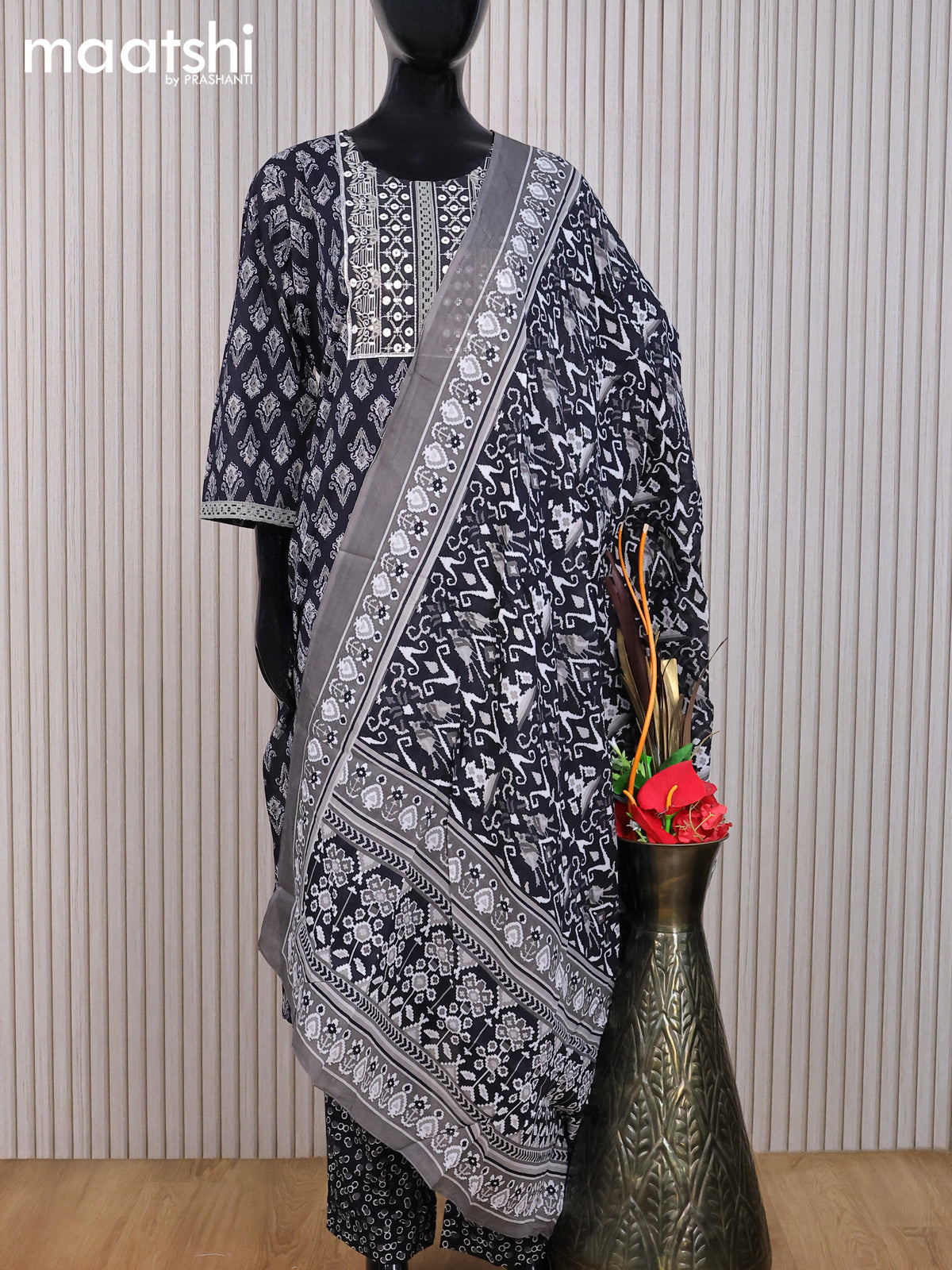 Cotton readymade salwar suit black and grey with allover ikat butta prints & embroidery sequin work neck pattern and straight cut pant & dupatta