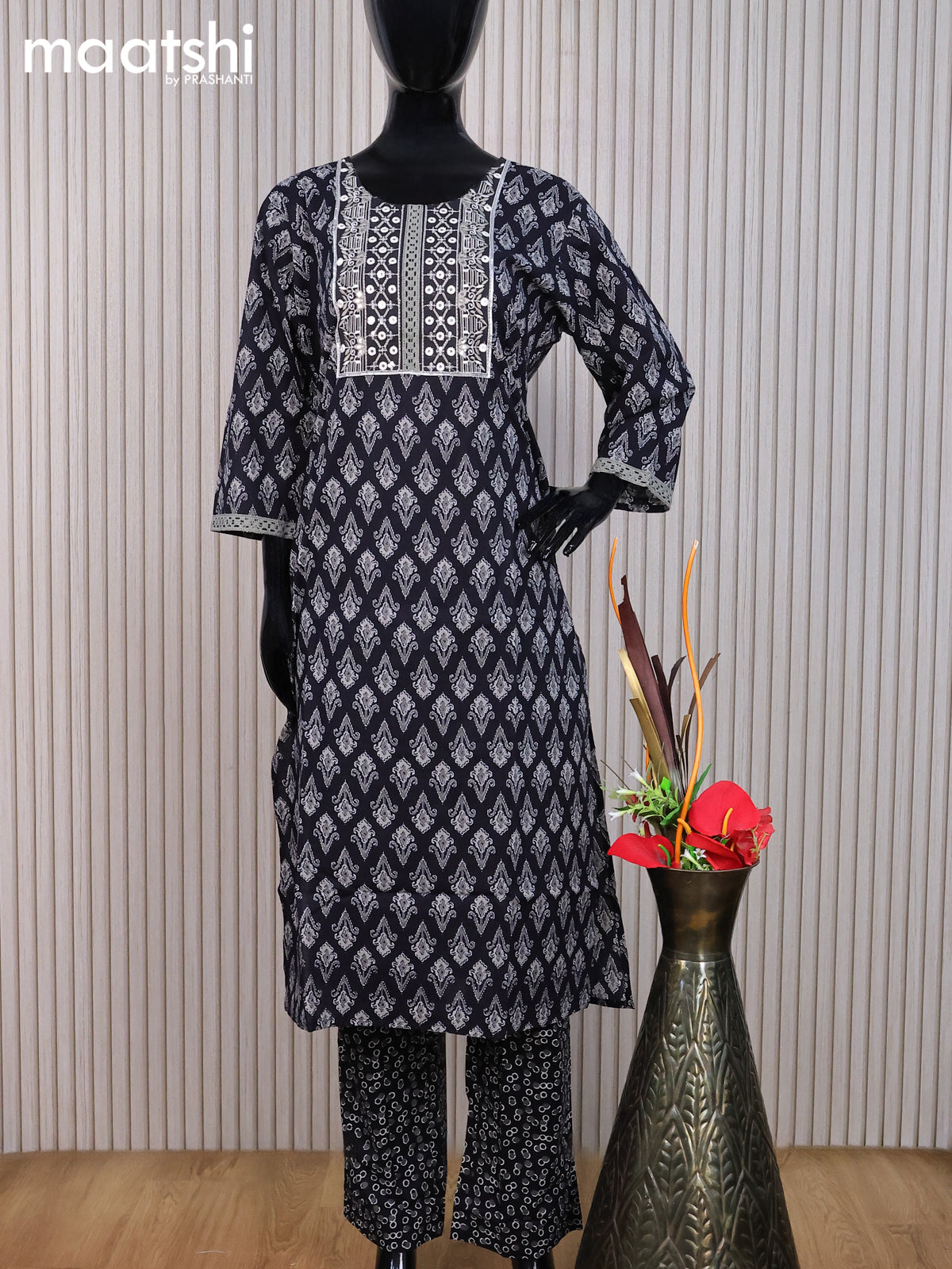 Cotton readymade salwar suit black and grey with allover ikat butta prints & embroidery sequin work neck pattern and straight cut pant & dupatta