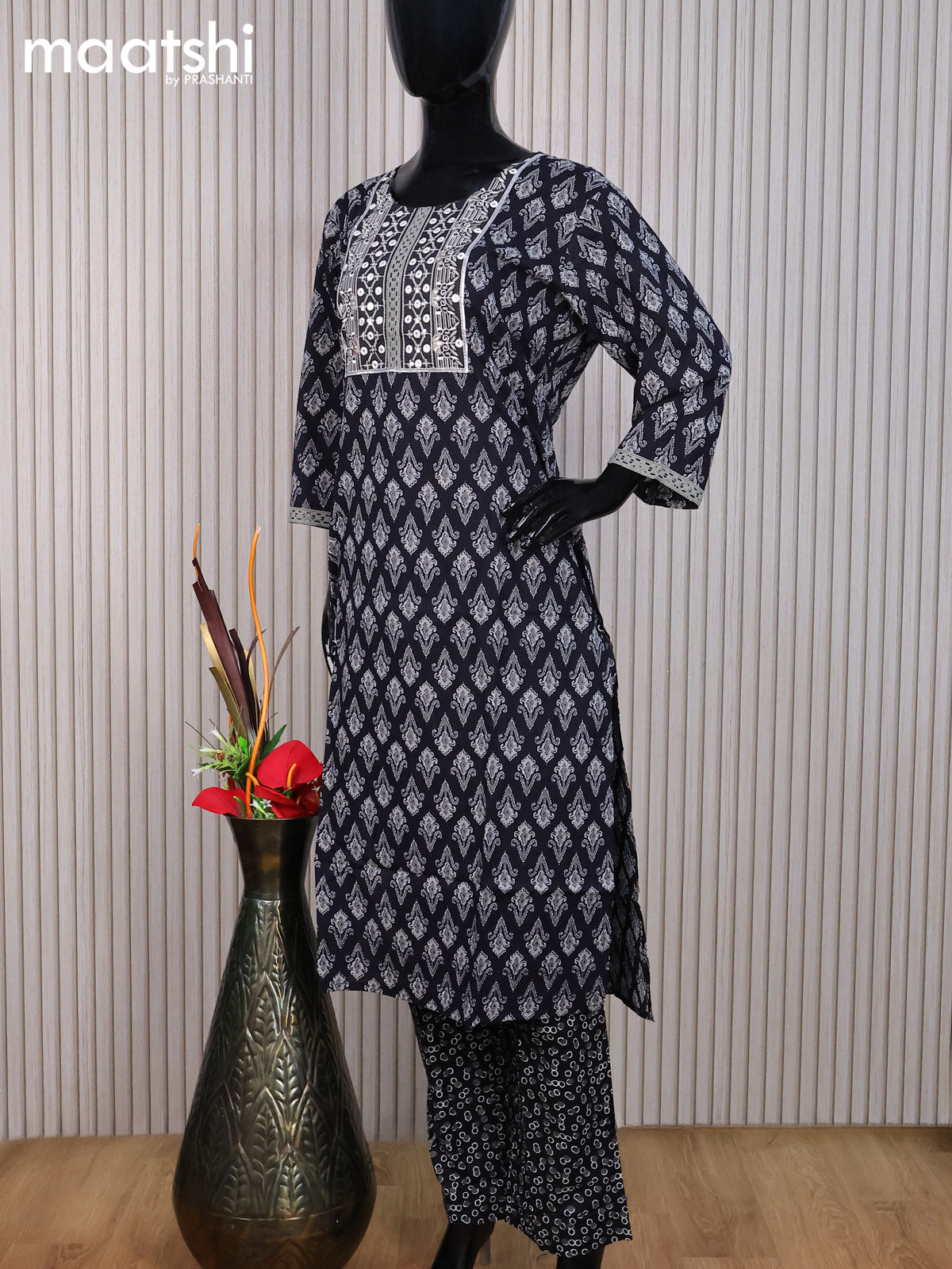 Cotton readymade salwar suit black and grey with allover ikat butta prints & embroidery sequin work neck pattern and straight cut pant & dupatta