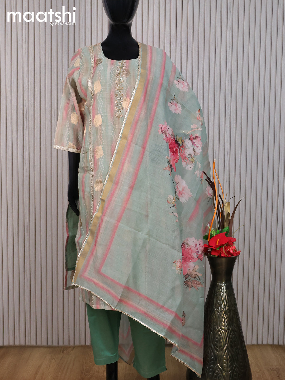 Chanderi readymade salwar suit pastel green and pink shade with zari buttas & zardosi work neck pattern and straight cut pant & dupatta