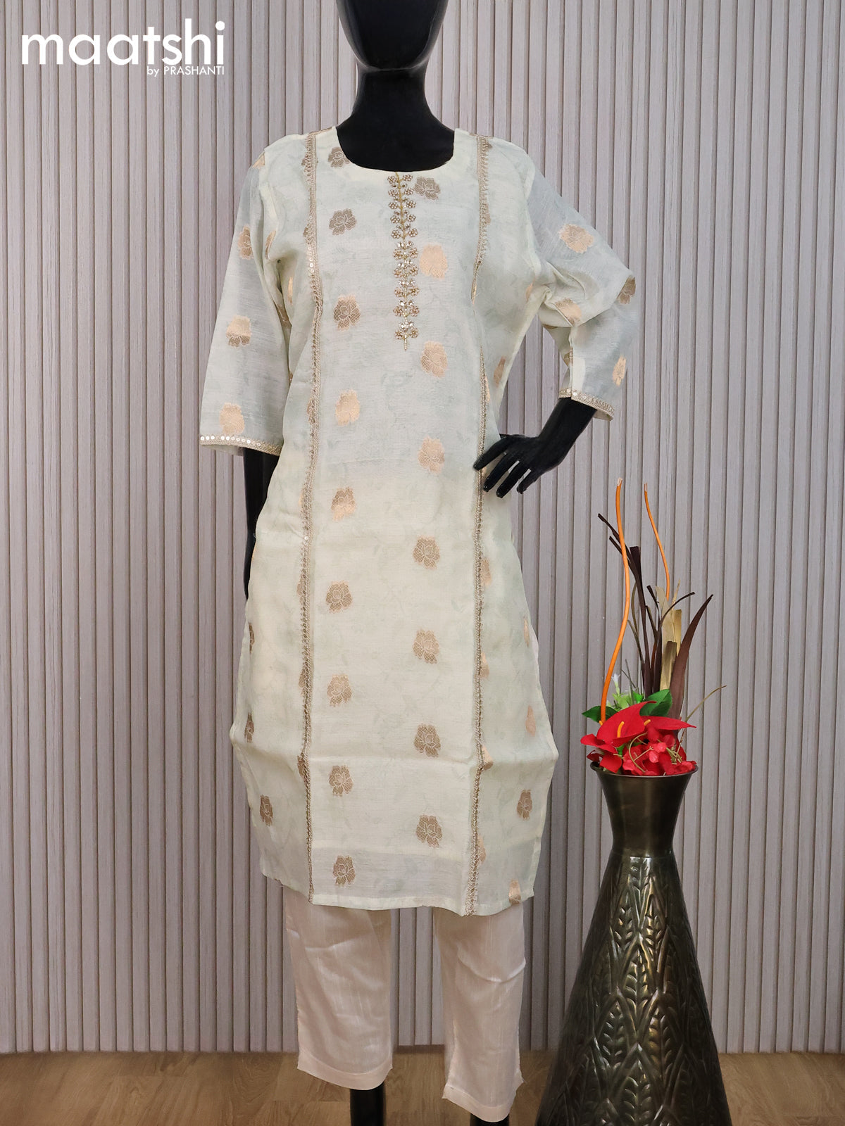 Chanderi readymade salwar suit cream and off white with zari buttas & zardosi work neck pattern and straight cut pant & dupatta