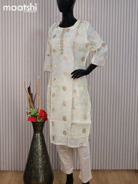 Chanderi readymade salwar suit cream and off white with zari buttas & zardosi work neck pattern and straight cut pant & dupatta