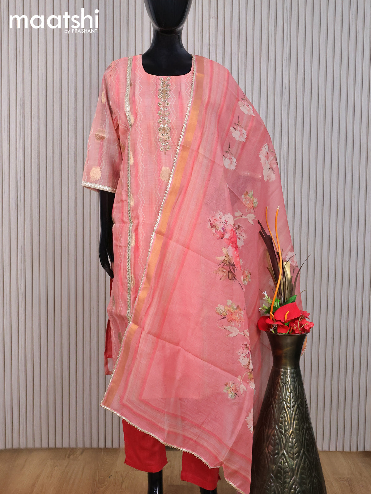 Chanderi readymade salwar suit peach pink and pink with zari buttas & zardosi work neck pattern and straight cut pant & dupatta
