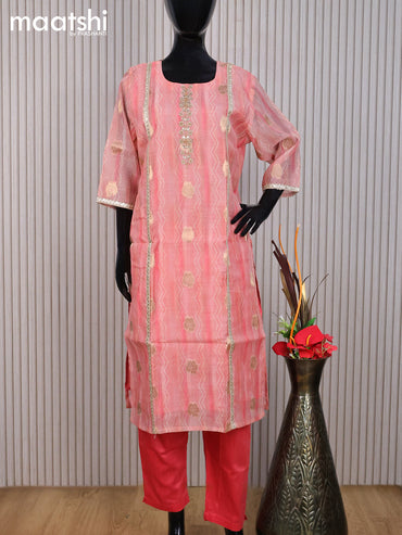 Chanderi readymade salwar suit peach pink and pink with zari buttas & zardosi work neck pattern and straight cut pant & dupatta