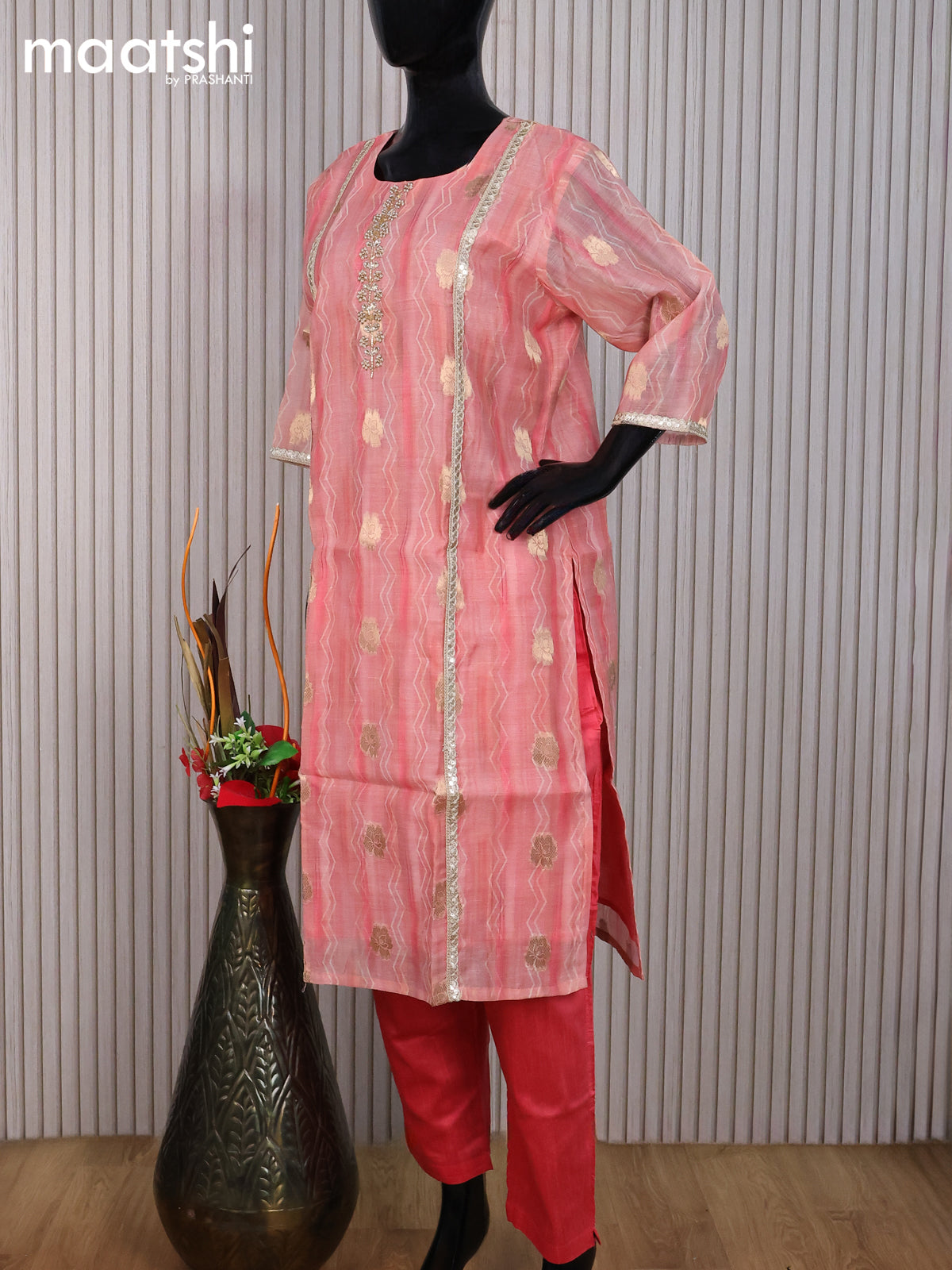 Chanderi readymade salwar suit peach pink and pink with zari buttas & zardosi work neck pattern and straight cut pant & dupatta