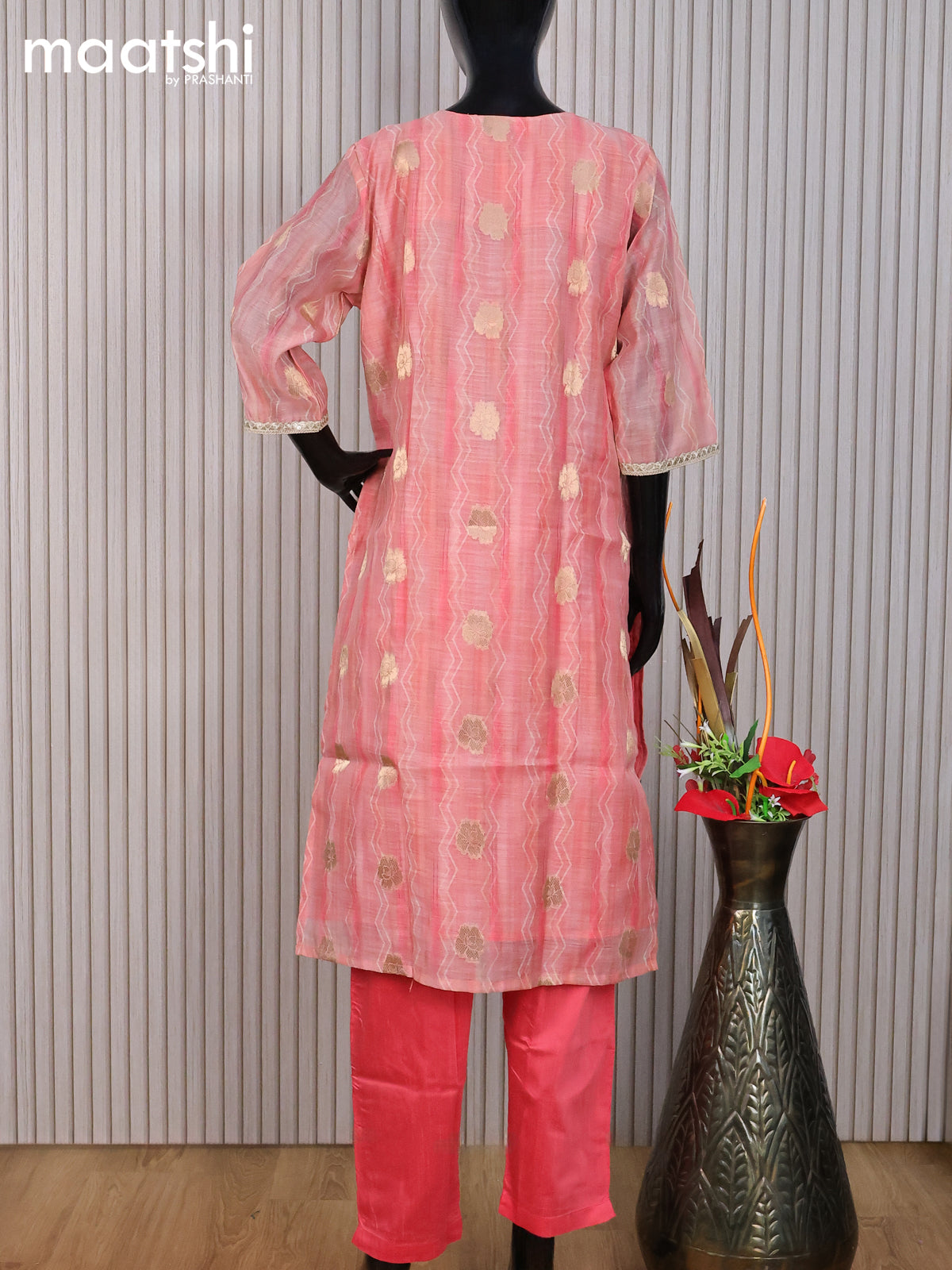 Chanderi readymade salwar suit peach pink and pink with zari buttas & zardosi work neck pattern and straight cut pant & dupatta