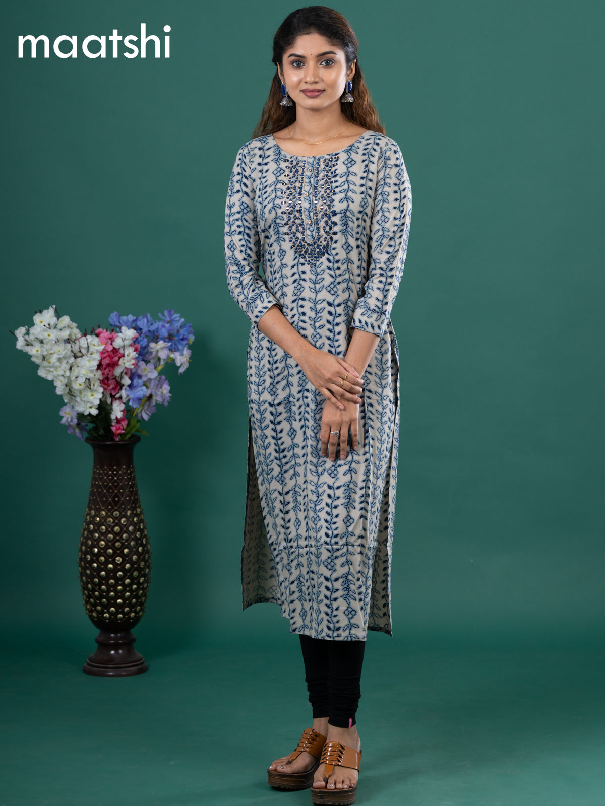 Cotton readymade kurti beige and blue with allover prints & embroidery mirror work neck pattern without pant