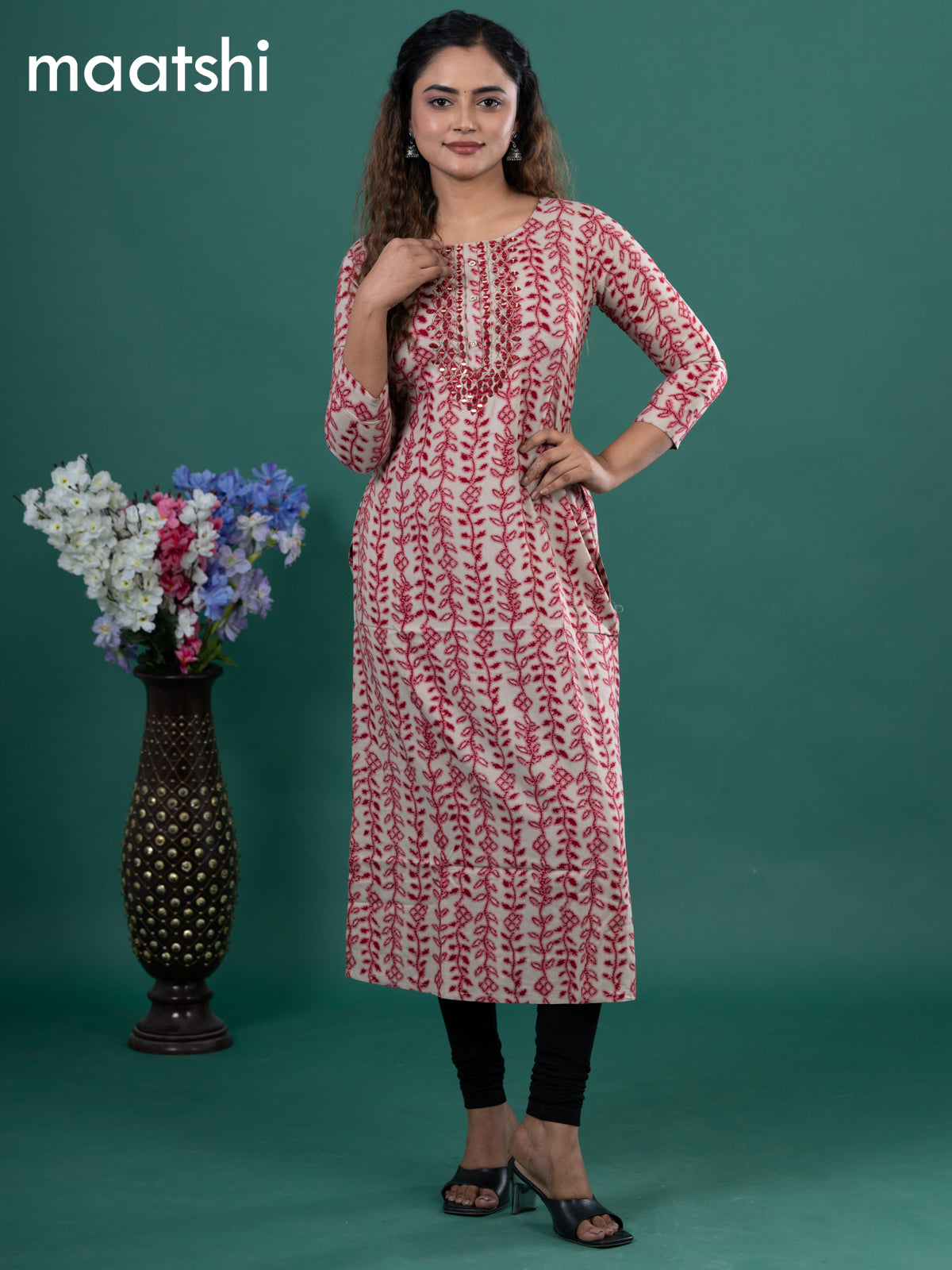 Cotton readymade kurti beige and red with allover prints & embroidery mirror work neck pattern without pant