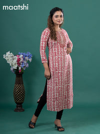 Cotton readymade kurti beige and red with allover prints & embroidery mirror work neck pattern without pant