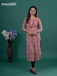 Cotton readymade kurti beige and red with allover prints & embroidery mirror work neck pattern without pant