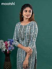 Cotton readymade kurti beige and peacock green with allover prints & embroidery mirror work neck pattern without pant