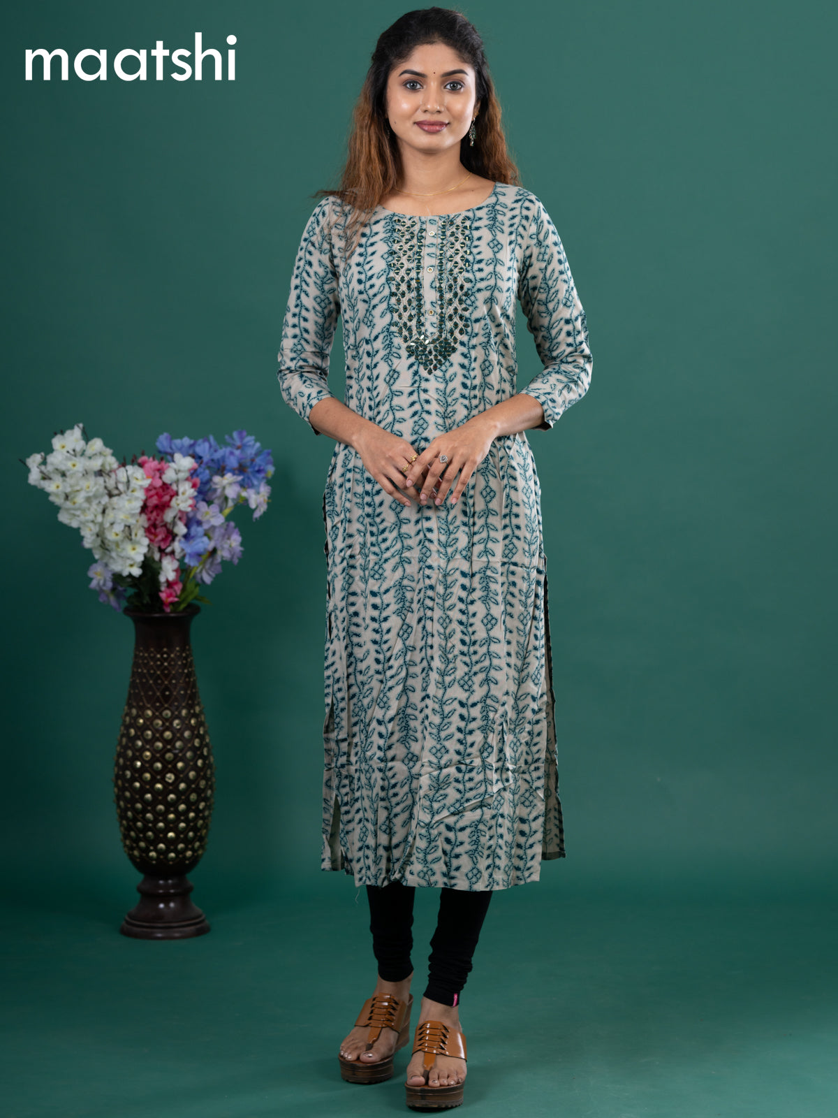 Cotton readymade kurti beige and peacock green with allover prints & embroidery mirror work neck pattern without pant