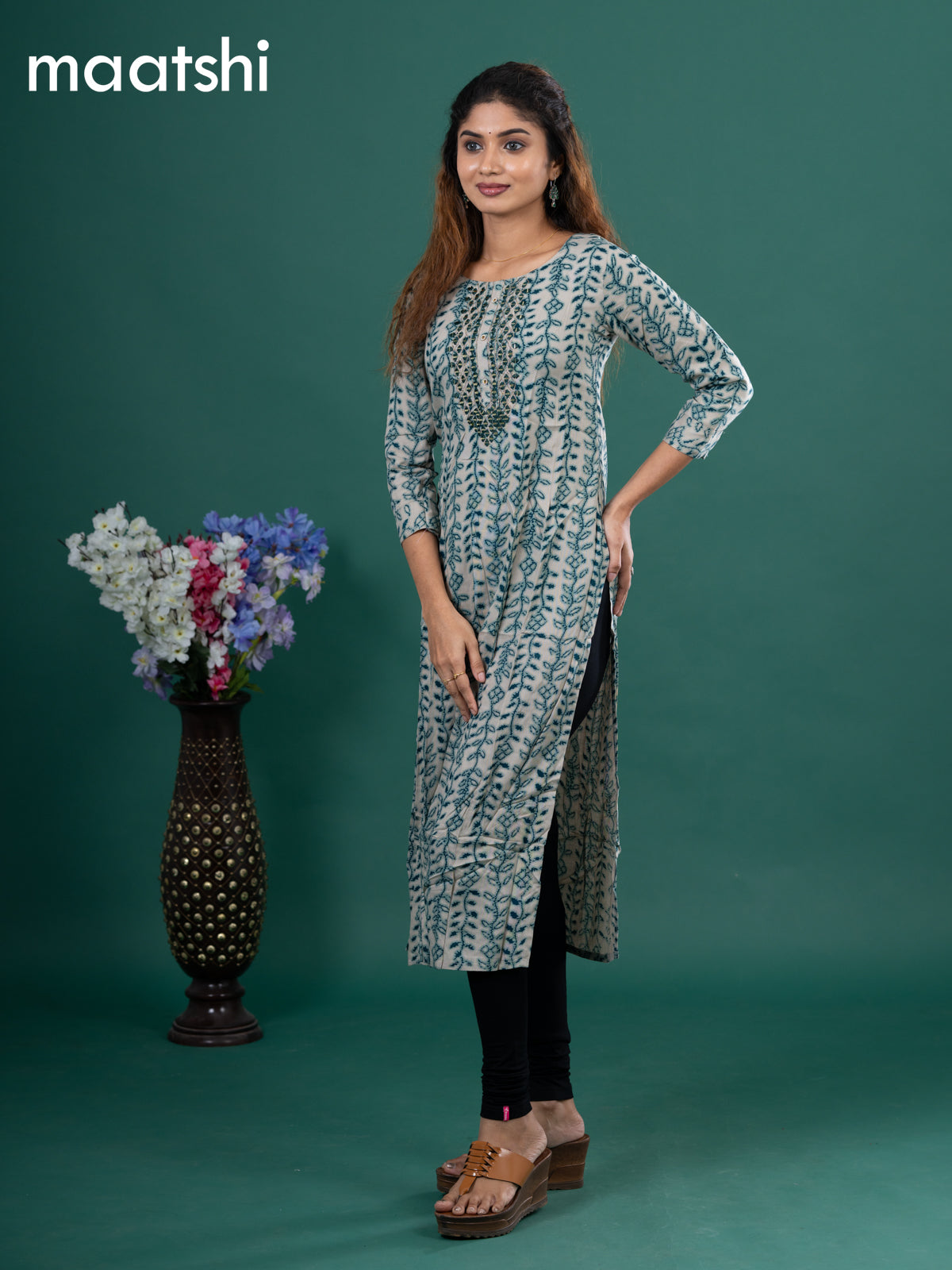 Cotton readymade kurti beige and peacock green with allover prints & embroidery mirror work neck pattern without pant