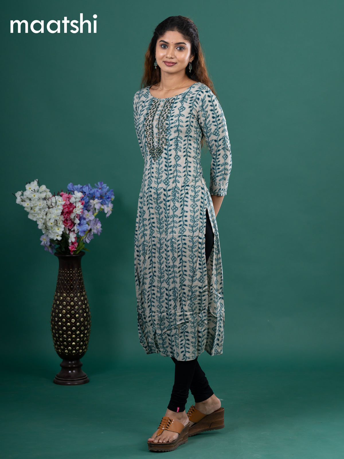 Cotton readymade kurti beige and peacock green with allover prints & embroidery mirror work neck pattern without pant