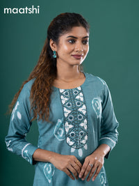 Cotton readymade kurti teal green shade with batik prints & embroidery mirror work neck pattern without pant