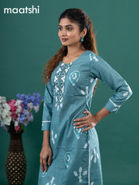 Cotton readymade kurti teal green shade with batik prints & embroidery mirror work neck pattern without pant