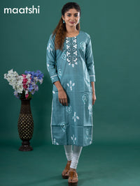 Cotton readymade kurti teal green shade with batik prints & embroidery mirror work neck pattern without pant