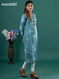 Cotton readymade kurti teal green shade with batik prints & embroidery mirror work neck pattern without pant