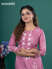 Cotton readymade kurti pastel pink with batik prints & embroidery mirror work neck pattern without pant