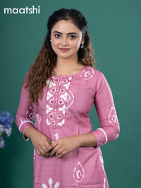 Cotton readymade kurti pastel pink with batik prints & embroidery mirror work neck pattern without pant