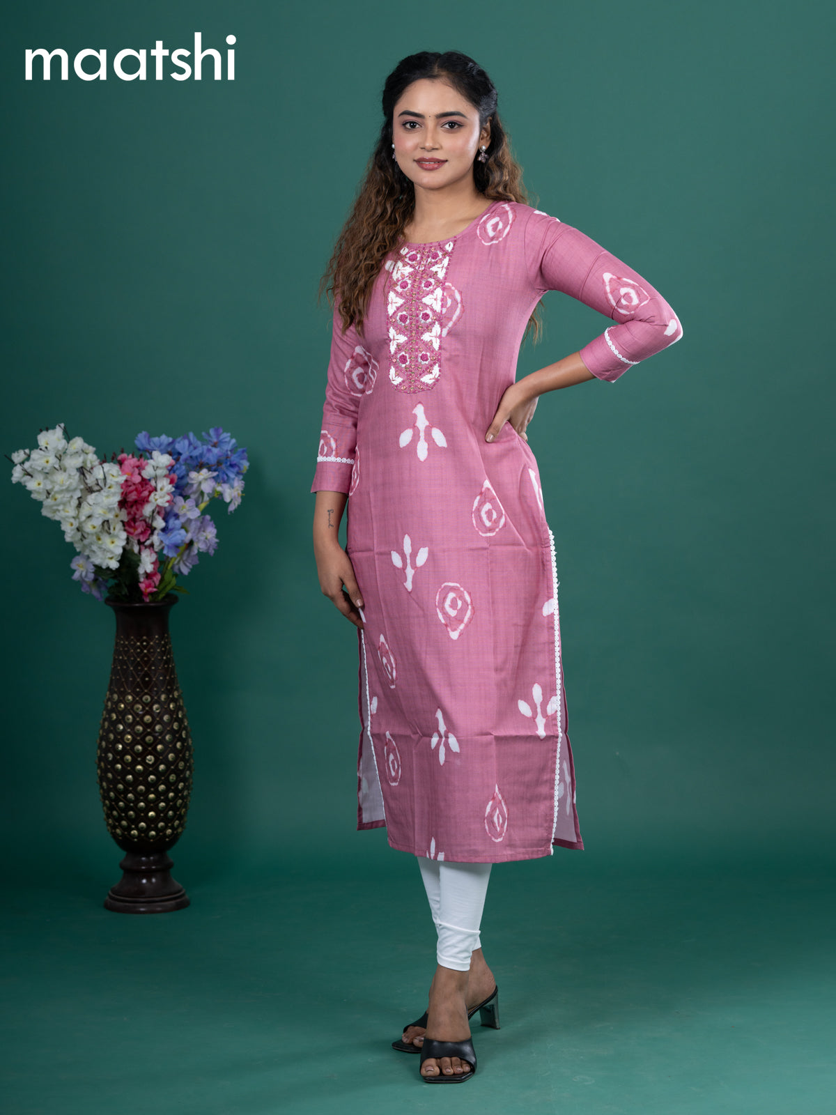 Cotton readymade kurti pastel pink with batik prints & embroidery mirror work neck pattern without pant