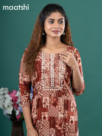 Cotton readymade kurti rust shade and beige with allover prints & embroidery mirror work neck pattern without pant