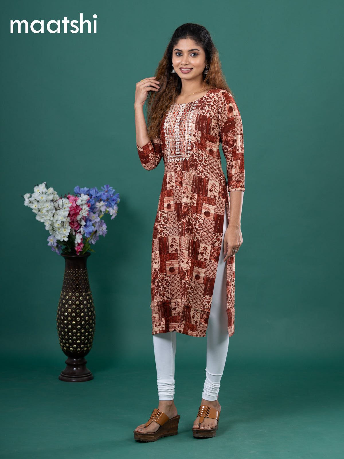 Cotton readymade kurti rust shade and beige with allover prints & embroidery mirror work neck pattern without pant