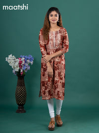 Cotton readymade kurti rust shade and beige with allover prints & embroidery mirror work neck pattern without pant