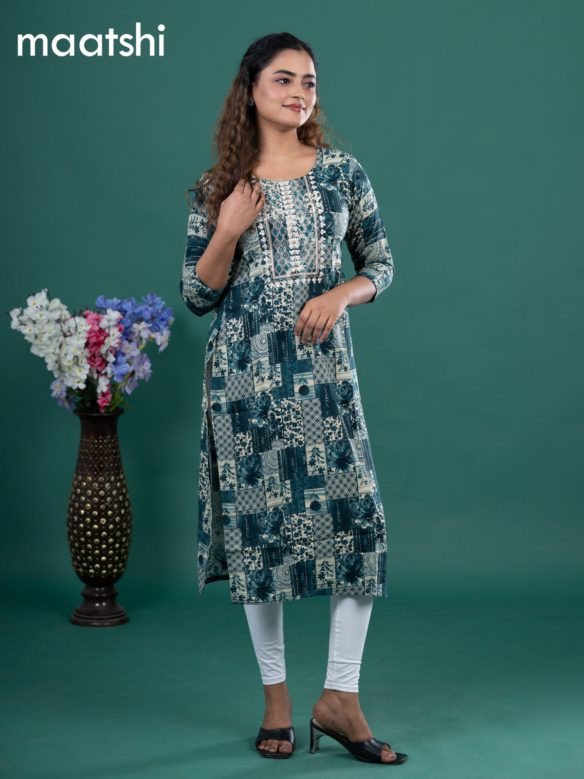 Cotton readymade kurti peacock green and beige with allover prints & embroidery mirror work neck pattern without pant