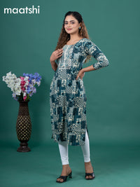 Cotton readymade kurti peacock green and beige with allover prints & embroidery mirror work neck pattern without pant