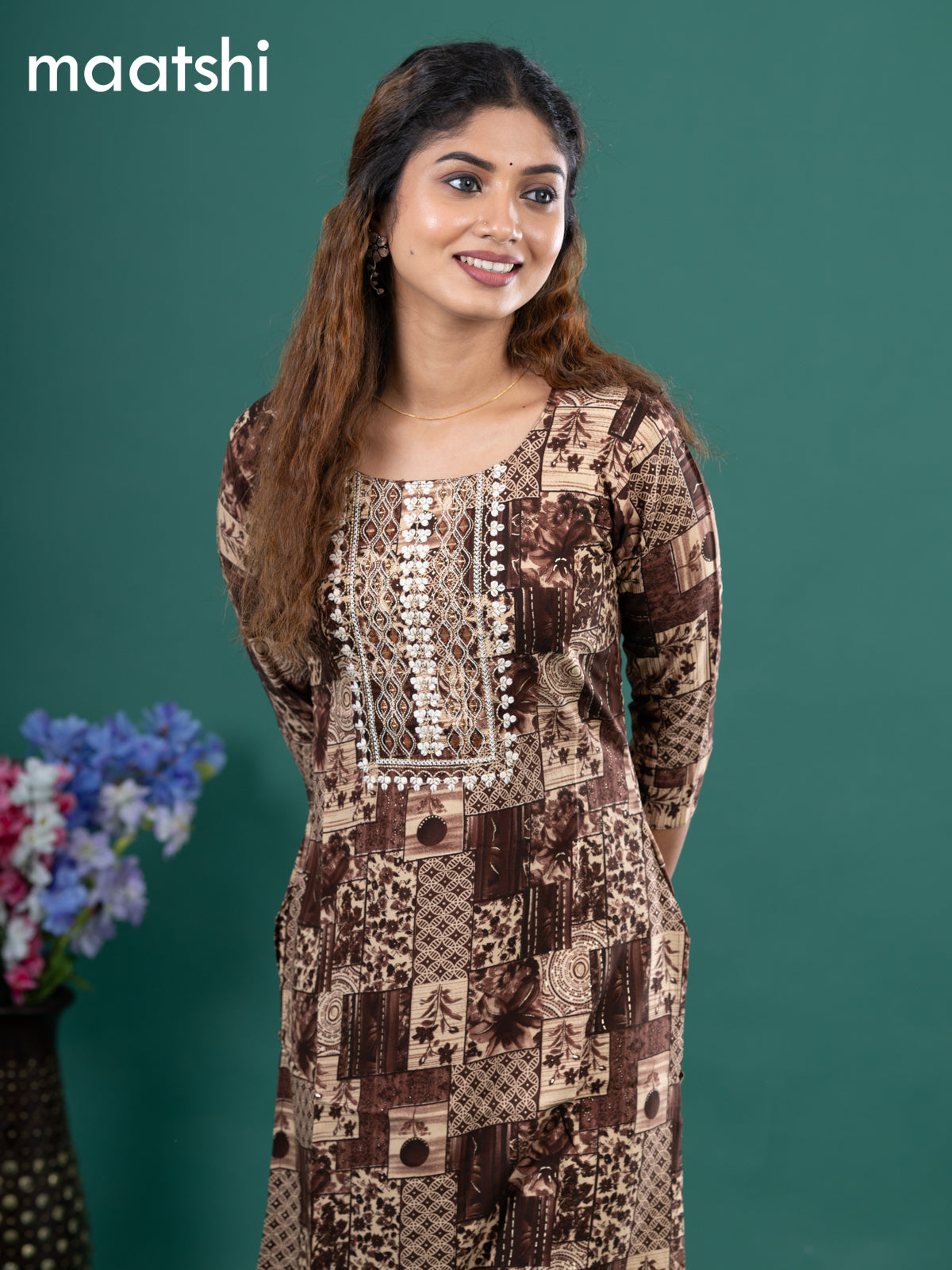 Cotton readymade kurti brown and beige with allover prints & embroidery mirror work neck pattern without pant