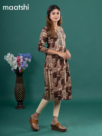 Cotton readymade kurti brown and beige with allover prints & embroidery mirror work neck pattern without pant