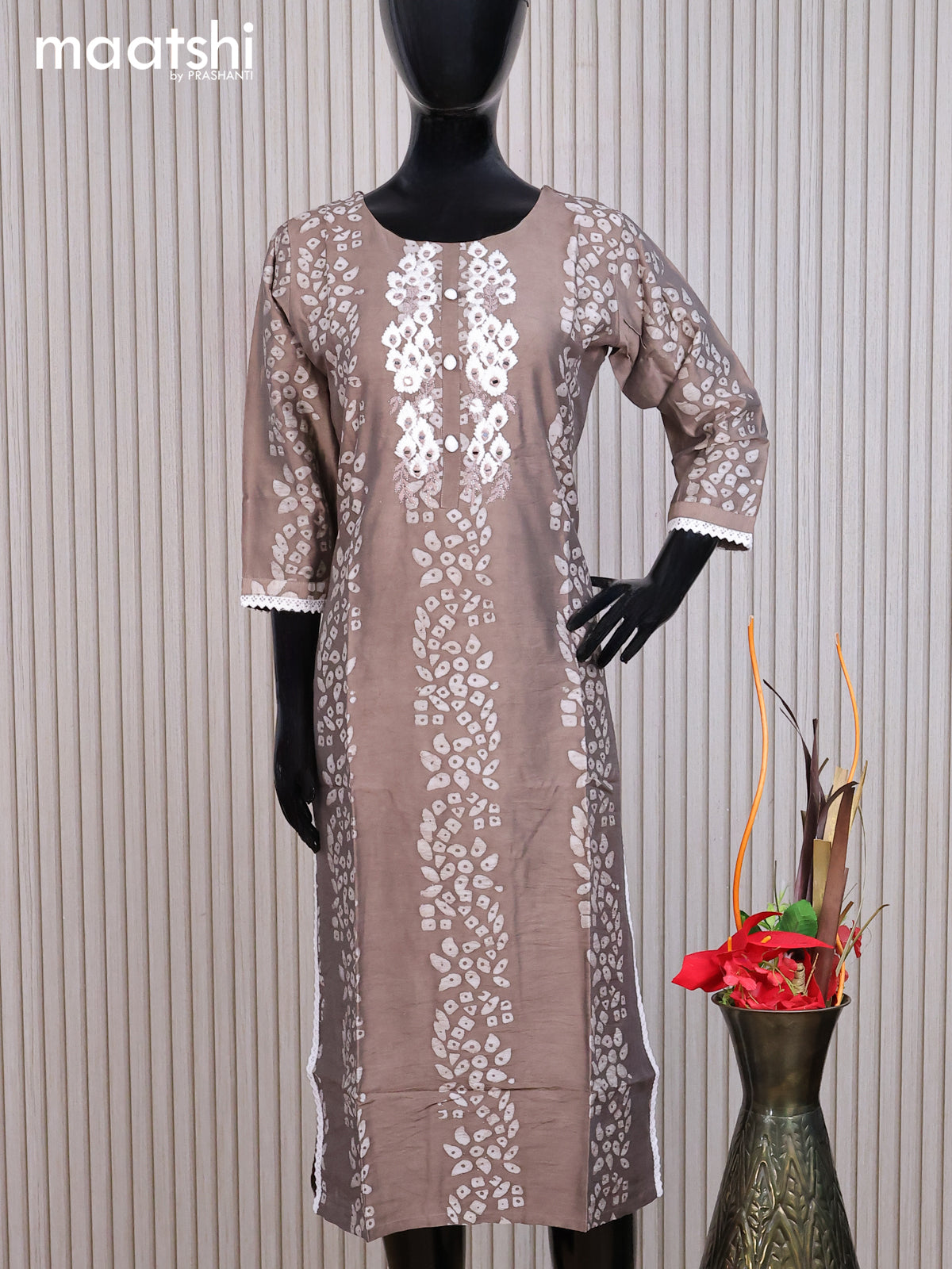 Chanderi readymade kurti brown shade and off white with allover batik prints & embroidery mirror work neck pattern without pant