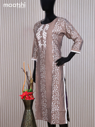 Chanderi readymade kurti brown shade and off white with allover batik prints & embroidery mirror work neck pattern without pant