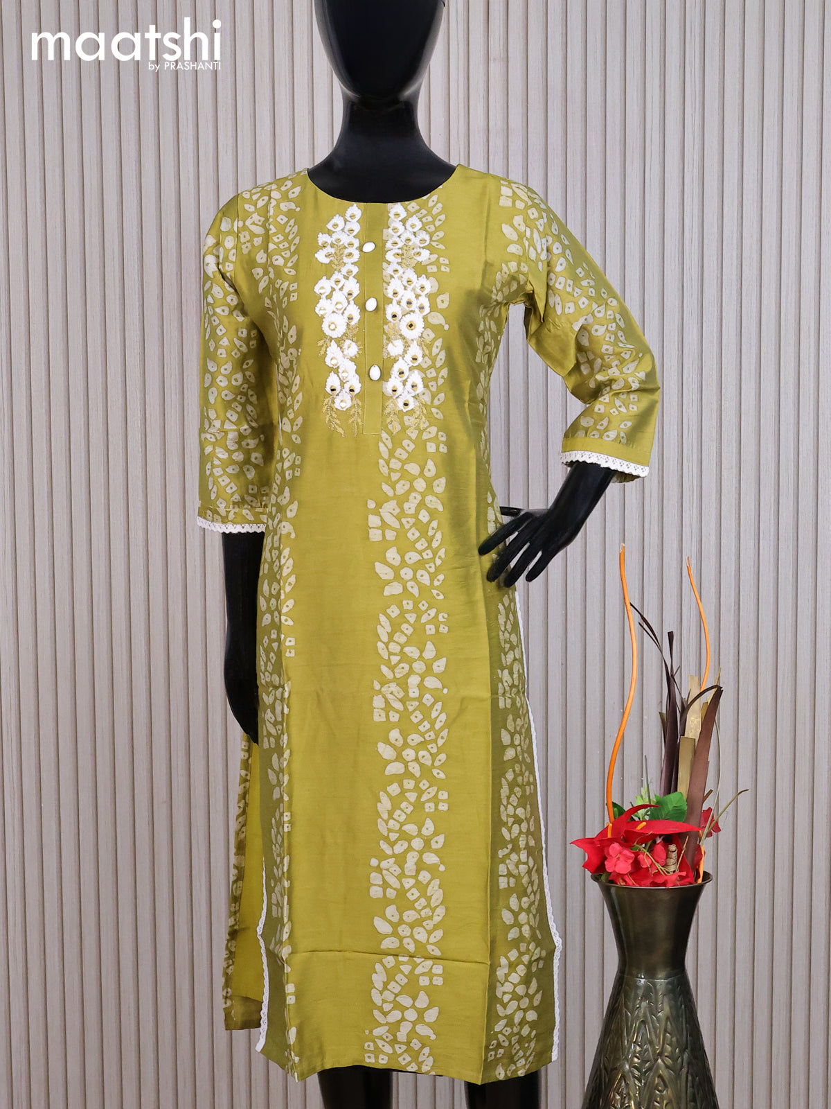 Chanderi readymade kurti mehendi green and off white with allover batik prints & embroidery mirror work neck pattern without pant