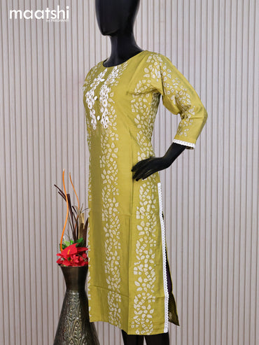 Chanderi readymade kurti mehendi green and off white with allover batik prints & embroidery mirror work neck pattern without pant