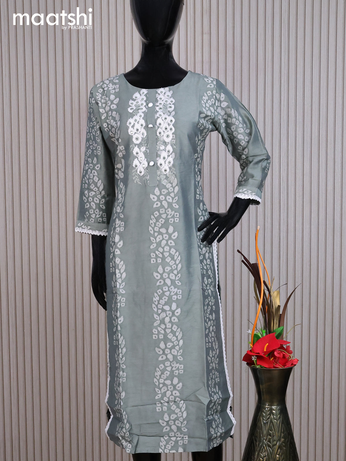 Chanderi readymade kurti grey and off white with allover batik prints & embroidery mirror work neck pattern without pant