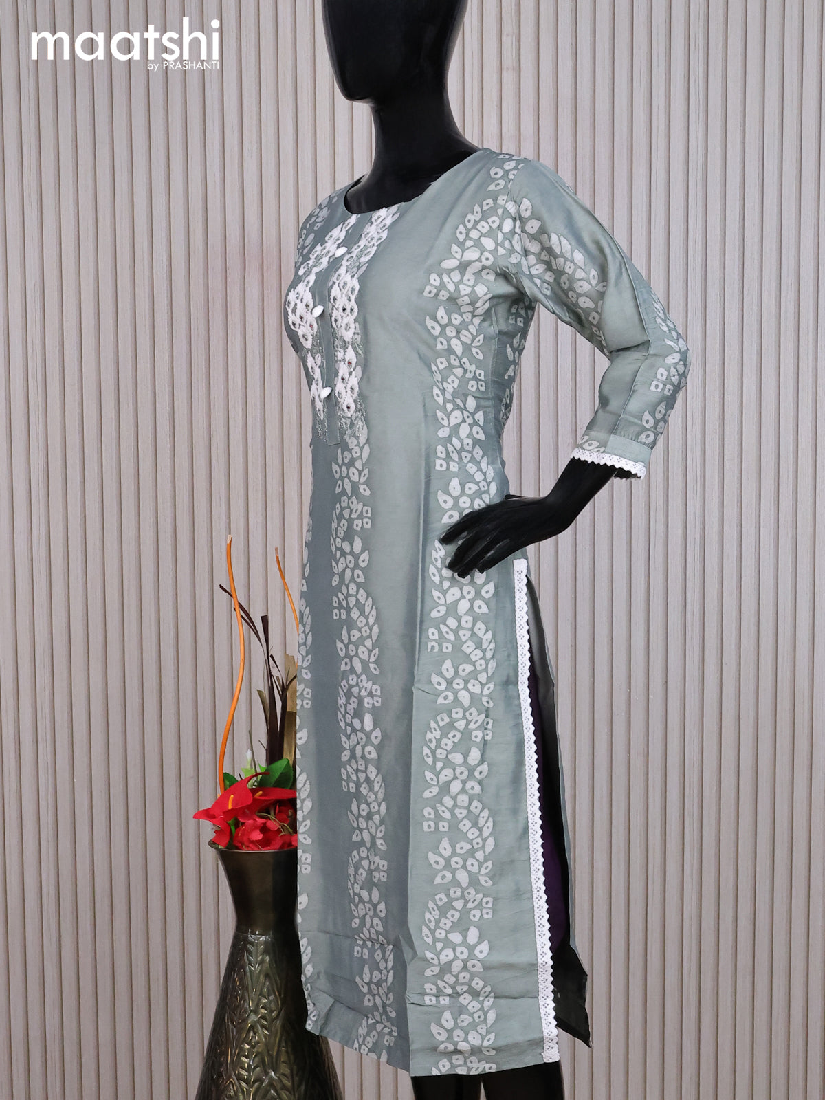 Chanderi readymade kurti grey and off white with allover batik prints & embroidery mirror work neck pattern without pant