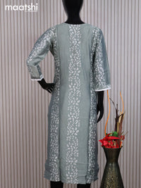 Chanderi readymade kurti grey and off white with allover batik prints & embroidery mirror work neck pattern without pant