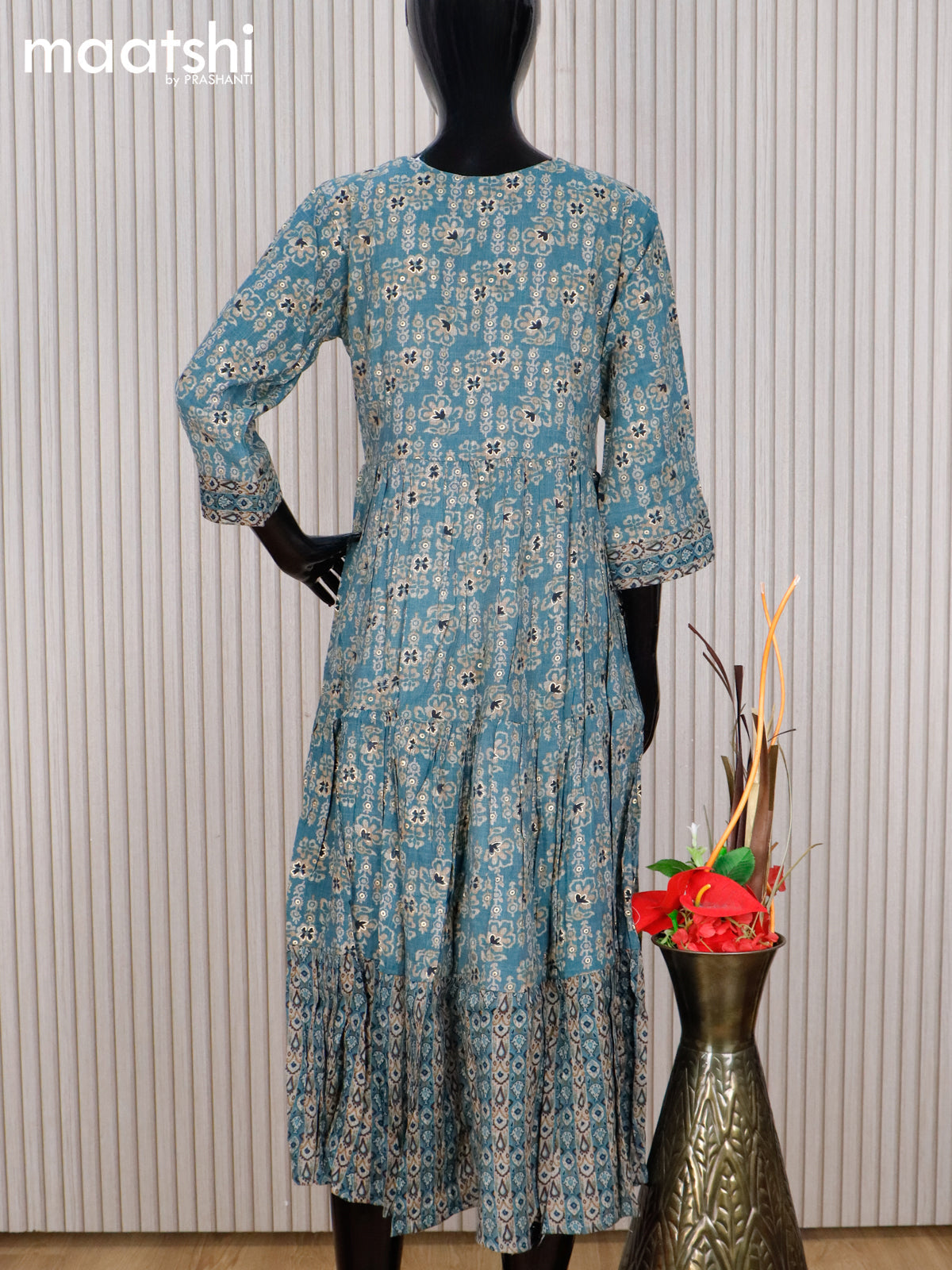 Rayon readymade umbrella kurti peacock green shade and beige with allover floral prints & embroidery work neck pattern without pant