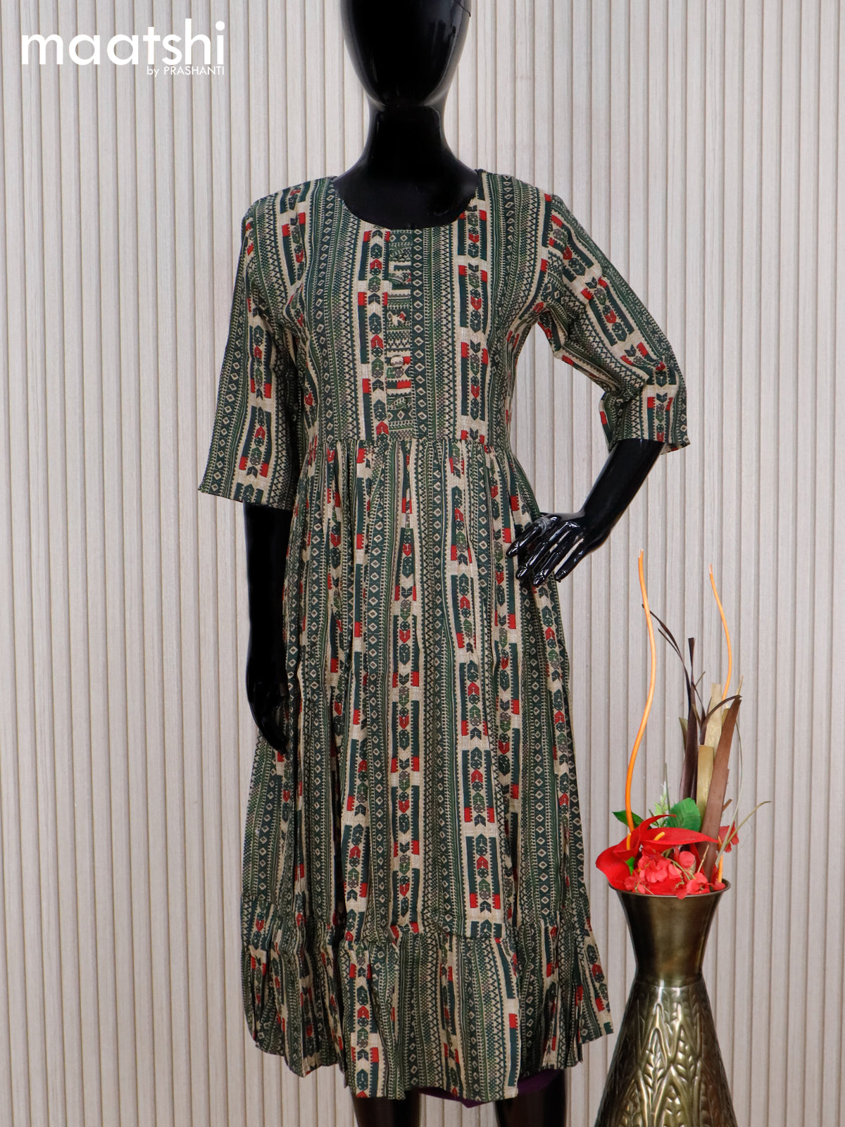 Rayon readymade umbrella kurti beige and bottle green with allover prints & simple neck pattern without pant