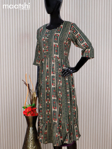 Rayon readymade umbrella kurti beige and bottle green with allover prints & simple neck pattern without pant